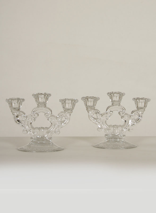 Pair of Vintage Glass Triple Candlesticks, c.1940