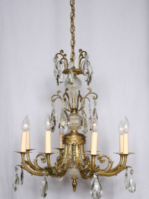 Vintage European Cast Brass Chandelier w/ Beautiful Crystal Accents, c.1940