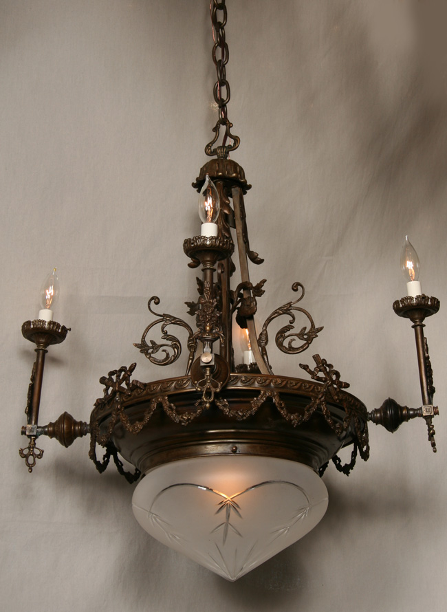 Vintage Chandelier with Victorian Ribbons, Cast Bouquets and Glass Bowl, c. 1930