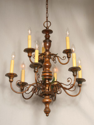 Vintage Turned Wood Chandelier With Hand Applied Finish, c. 1950