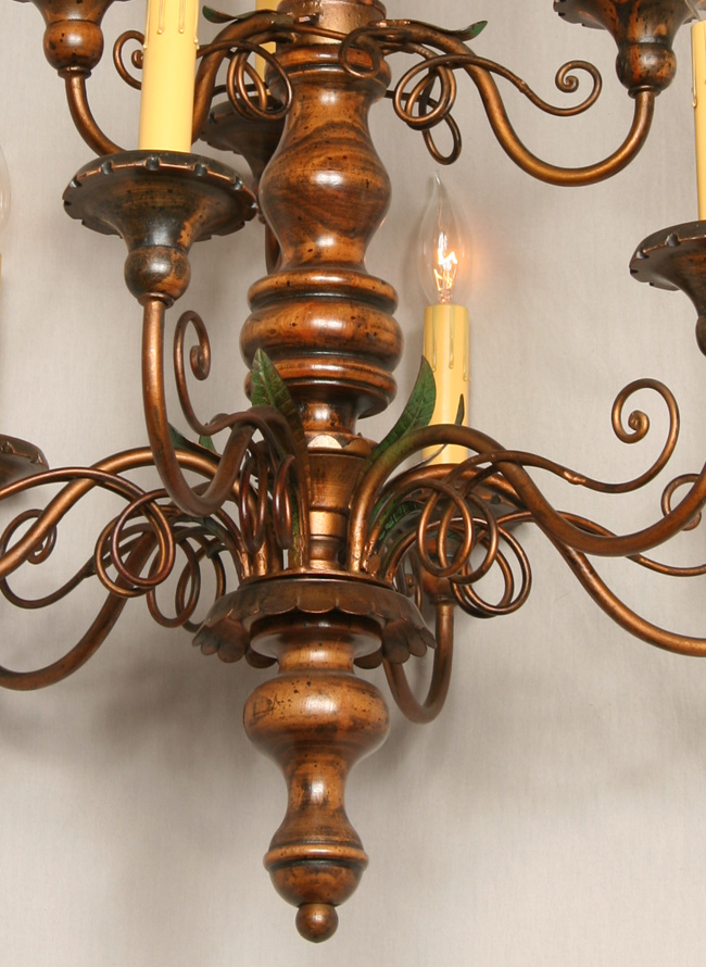 Vintage Turned Wood Chandelier With Hand Applied Finish, c. 1950