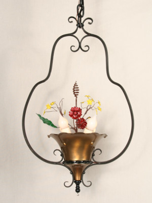 Italian Flower Basket Chandelier in Iron Harp, c. 1940