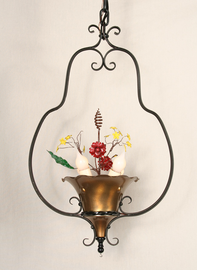 Italian Flower Basket Chandelier in Iron Harp, c. 1940