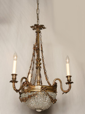 Vintage Beaded Basket Chandelier in Antique Brass, c. 1945