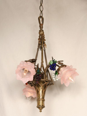 Vintage Floral Basket Chandelier With Grape Accents, c. 1940