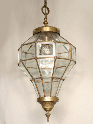 Vintage Glass Lantern in Antique Brass, c. 1945