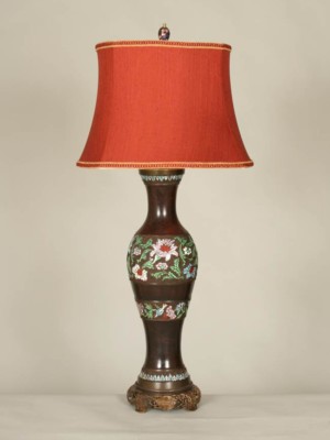 Champlevé Table Lamp w/ Lotus Blossoms, c. 19th Century