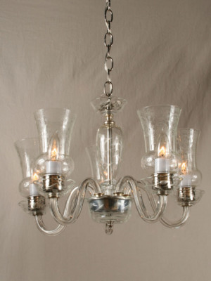 Crystal Chandelier w/ Etched Details & Glass Hurricane Shades, c. 1940