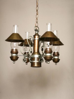 4Lt Hurricane Lamp Chandelier w/ Metal Shades, c. 1950