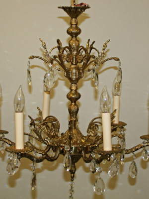 Six Light European Ornate Brass Chandelier w/ Crystal, c 1960