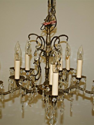 Vintage Brass & Crystal Ten Light Chandelier, c.1950