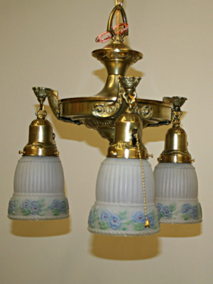 Vintage Three Arm Brass Pan Fixture w/ Original Glass, c 1920's