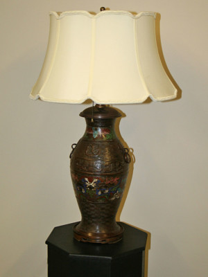 Champleve Vase Lamp w/ Handles, Dragon and Lotus Blossom Images, c 19th century