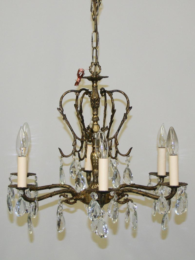Nature Inspired Six Light Cast Brass Chandelier, c. 1950