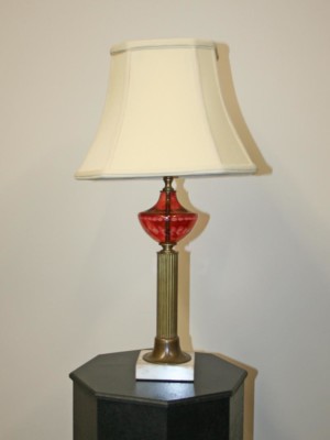 Cranberry Font Table Lamp w/ Clear Cut Design, c. 1930
