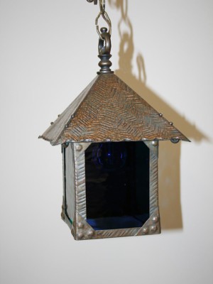 Arts & Crafts Lantern w/ Blue & Green Alternating Glass Panels, c. Early 1900's