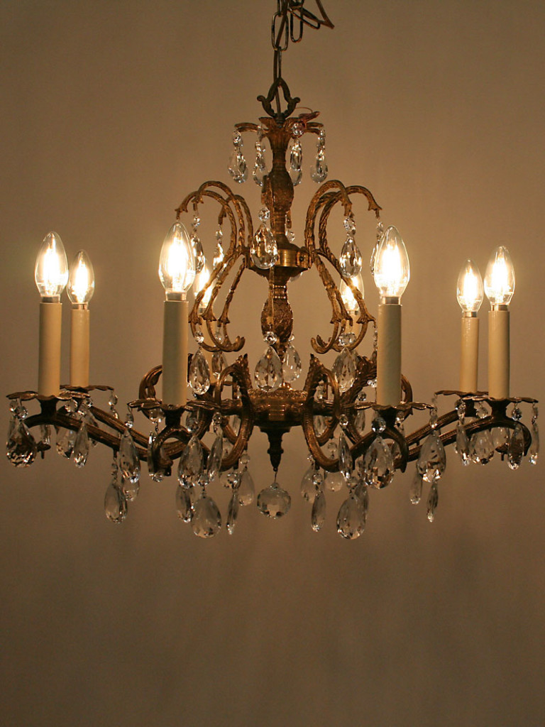 8 Light Cast Brass Double Pineapple Column Chandelier w/ Graceful Arms, c. 1950