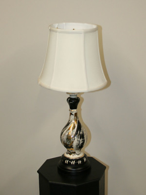 Cream Porcelain Lamp w/ Black & Gold Swirl on Black Wooden Base, c. 1950