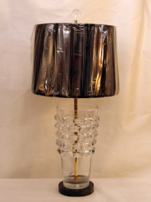 Custom Clear Ribbon Art Glass Table Lamp w/ Brass Hardware & Black Marble Base