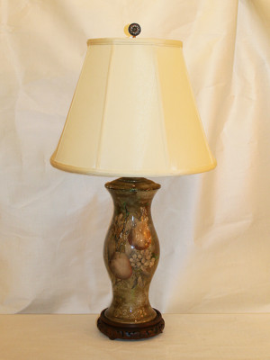 Reverse Painted Decoupage Glass Lamp on Carved Wood Base, c. 1960