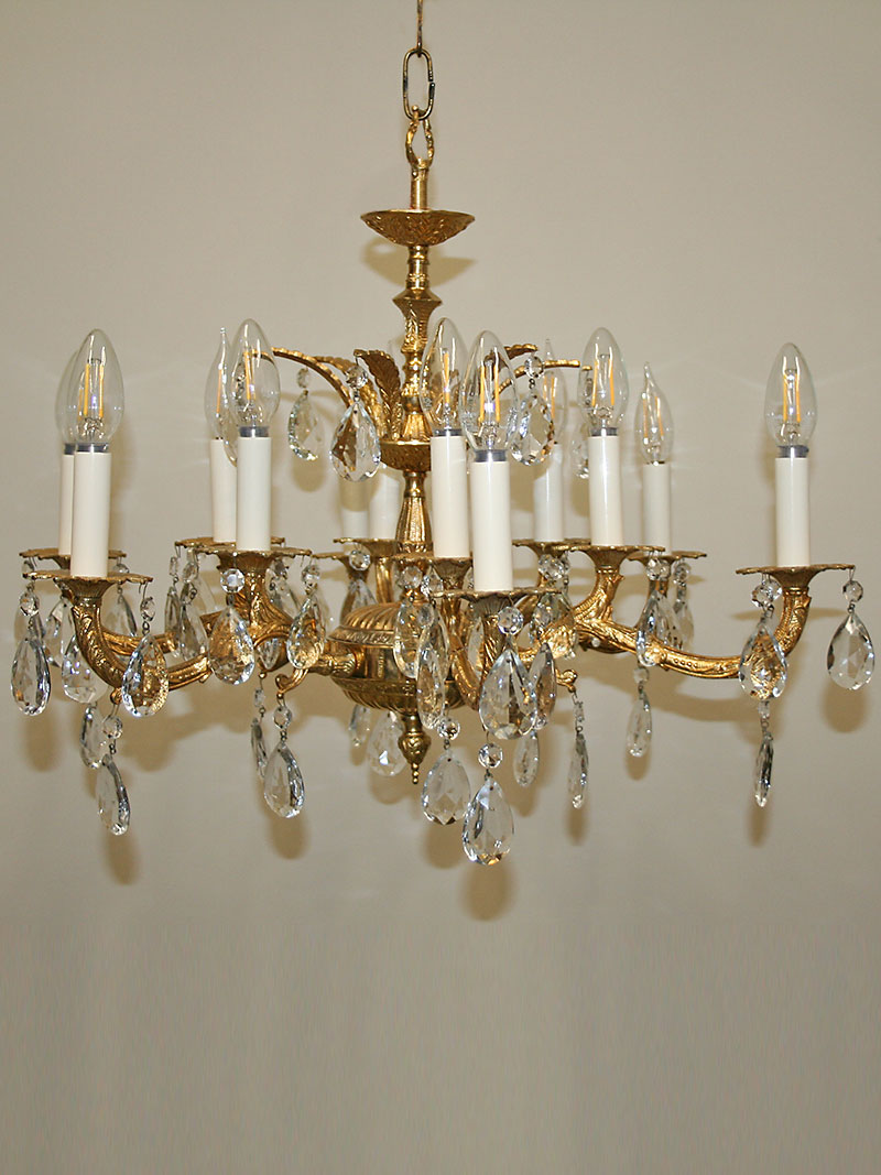 12 Light Antique Gold Double Arm Chandelier w/ Excellent Cast Details, c. 1950