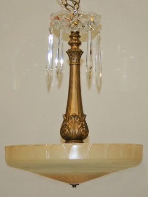 Customized 3 Light Pendant w/ Vintage Glass Bowl & Crystal Spears