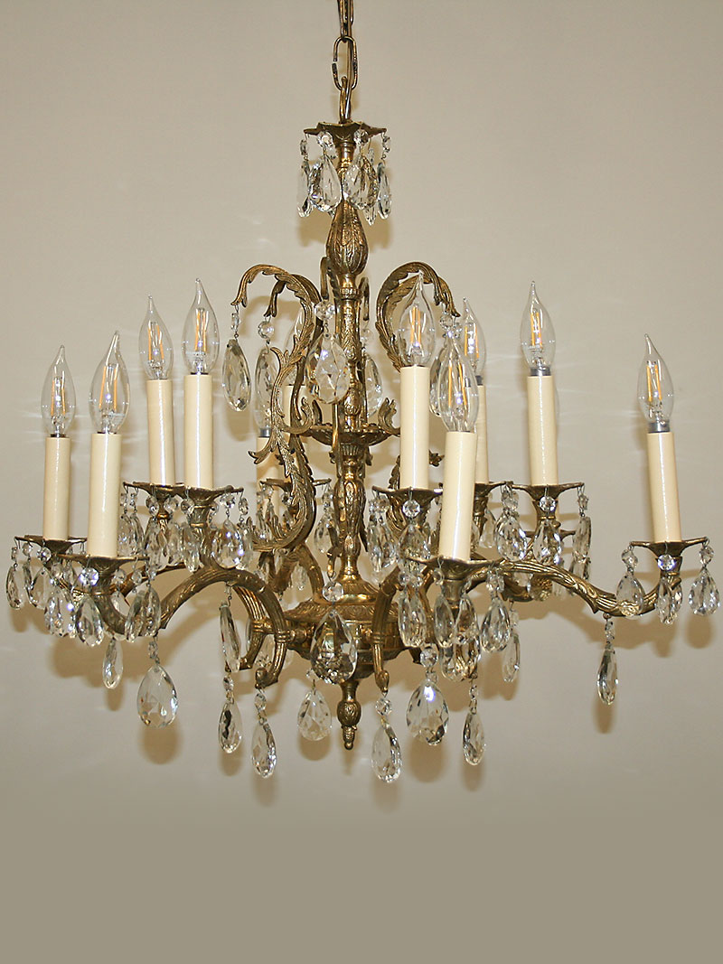 Vintage Spanish Cast 12 Light Brass & Crystal Chandelier w/ Caged Column, c. 1950