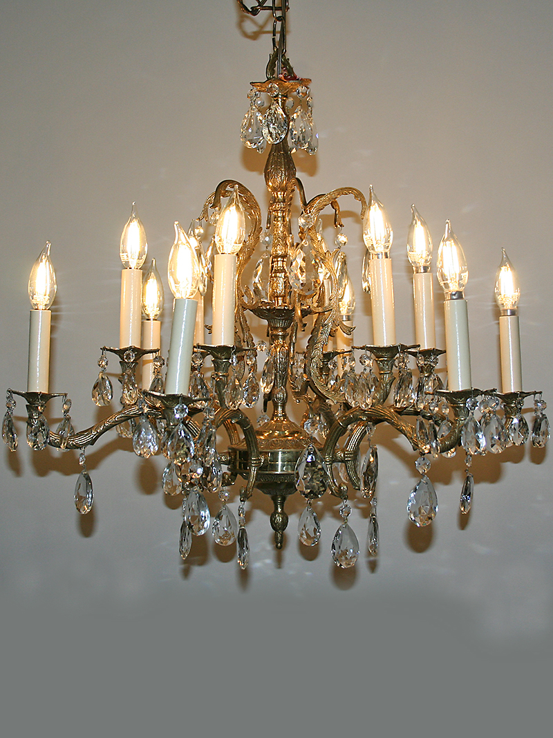 Vintage Spanish Cast 12 Light Brass & Crystal Chandelier w/ Caged Column, c. 1950