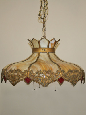 Gilt Gold & Slag Glass Fixture, Filigree Frame, Caramel Glass w/ Red Accent, c. 1900's