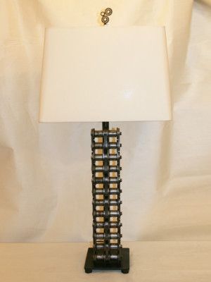 Custom Industrial Steel Roller Chain Table Lamp w/ Iron Footed Base