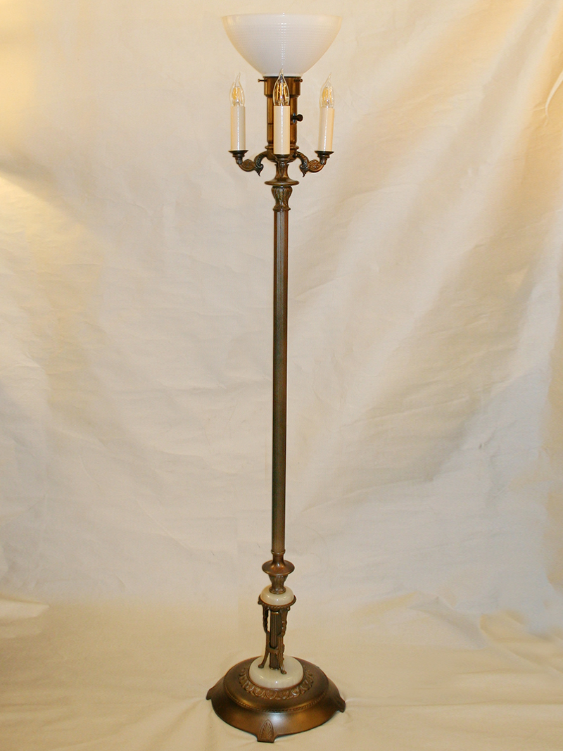 Exceptional Six-Way Floor Lamp w/ Botanical Cast Accents on Arms & Onyx Details, c. 1920