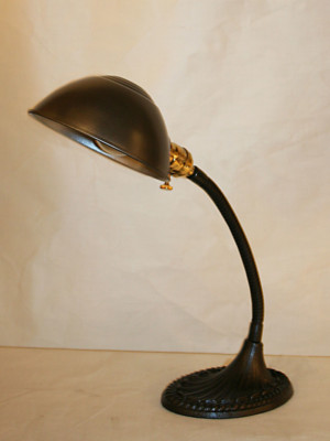 Industrial Style Gooseneck Desk Lamp w/ Ribbed Iron Base in Dark Bronze Finish, c. 1930