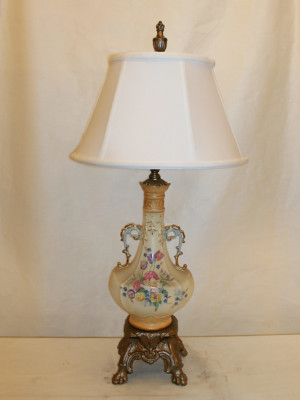 Pair of Porcelain Table Lamps w/ Painted Floral Bouquet & Gold Accents, c. 1940