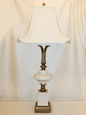 Cream Porcelain Hollywood Regency Table Lamp w/ Leaf Accents, c. 1960