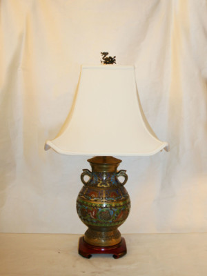 Champleve Table Lamp w/ Red Birds & Fruit Trees on Sq. Wood Base, c. 19th Century