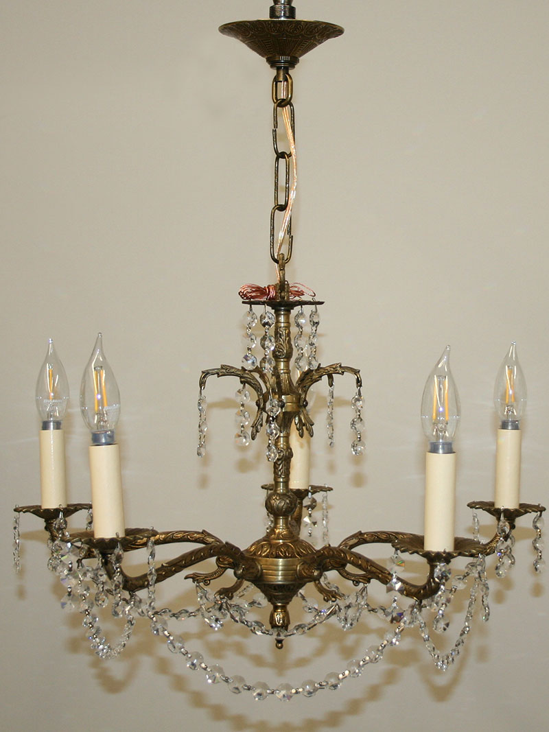 5 Arm Brass Chandelier w/ Delicate Crystal, c. 1950