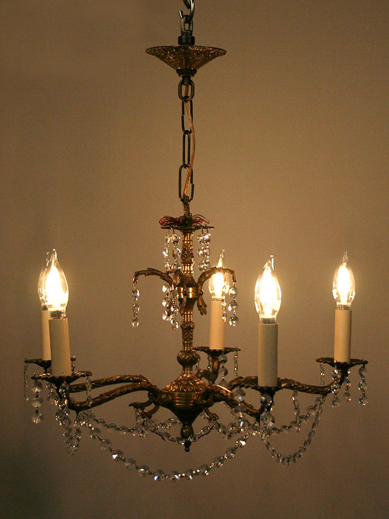 5 Arm Brass Chandelier w/ Delicate Crystal, c. 1950