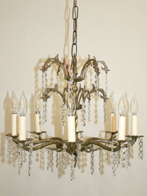 Eight Light Vintage Brass Chandelier w/ Double Crown & Crystal, c. 1950