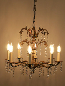 Eight Light Vintage Brass Chandelier w/ Double Crown & Crystal, c. 1950
