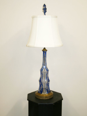 Exquisite Sculpted Glass Lamp w/ Blue Bands & Frosted Scrolled Designs, c. 1930