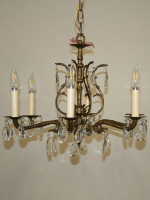 6 Lt Brass & Crystal Chandelier w/ Scroll Caged Column, c. 1950