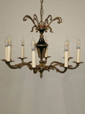 French Empire 8 Lt Chandelier w/ Scrolled Brass Arms, c. 1950