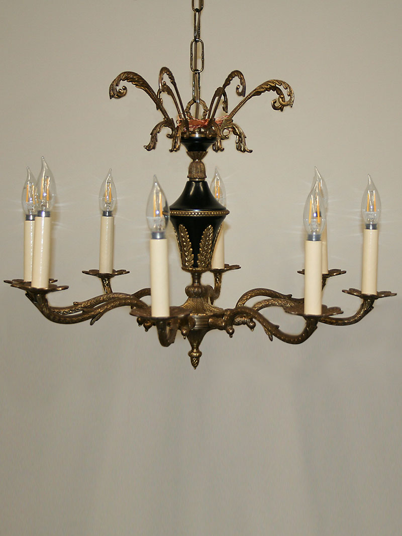 French Empire 8 Lt Chandelier w/ Scrolled Brass Arms, c. 1950