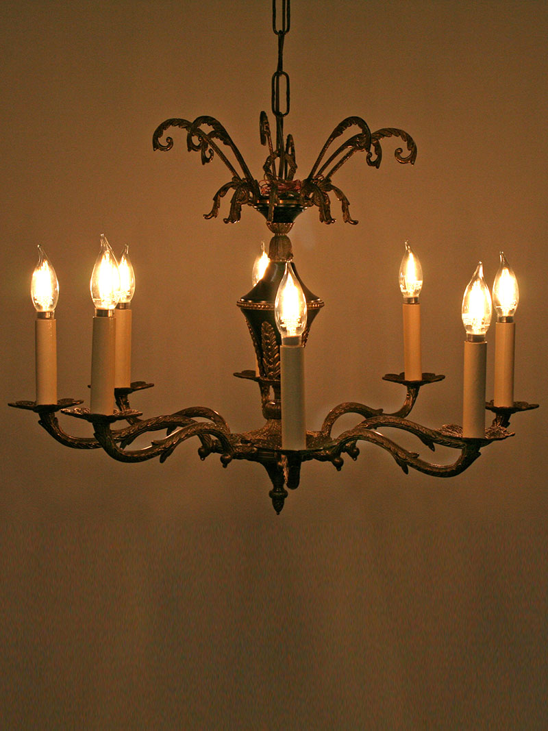 French Empire 8 Lt Chandelier w/ Scrolled Brass Arms, c. 1950