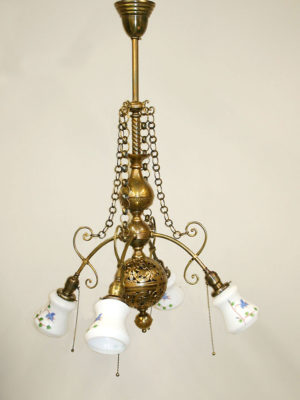 Late Victorian Gas Style Chandelier w/ Hammered Brass Details, c. Late 19th Century