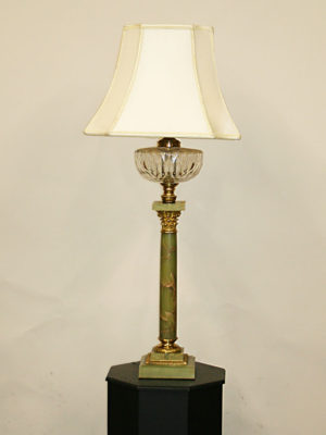 Vintage Green Onyx Pillar Table Lamp w/ Brass Accents, c. 1930