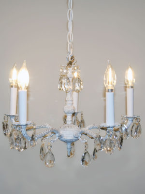 5Lt Brass Spanish White-Wash Chandelier w/ Leaf Etchings & Crystal, c. 1950