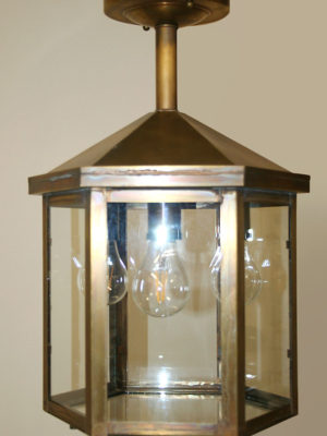 American-Made Solid Brass Semi-Flush Hex Shaped Lantern
