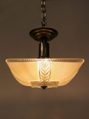 Square Art Deco Glass Semi-Flush Textured Beige w/ Clear Leaf Motif, c. 1930
