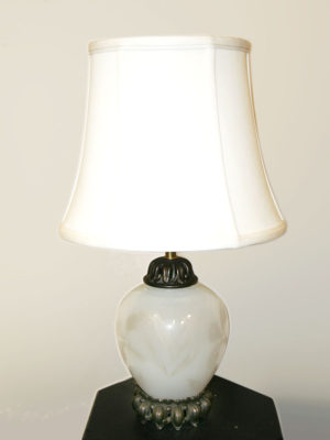 Exceptional Art Nouveau Lamp w/ Hand Etched Frosted Glass Body on Petal Base, c. Early 1900's